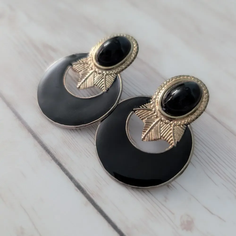 Vintage Clip On Earrings Very Large Statement Black Stylish - Just Under 2